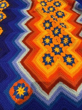 Hand Crafted Blue Orange Yellow Chevron Crochet Throw Blanket